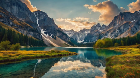 Beautiful alpine lake in the mountains. Landscape with mountain lake.