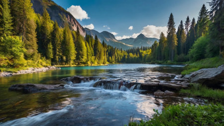 Mountain river with clear water in the forest. Beautiful summer landscape.
