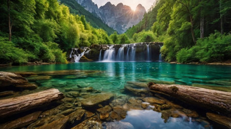 Beautiful waterfall in the mountains. Beautiful summer landscape with a waterfall.