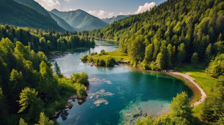 Aerial view of a beautiful mountain lake in the Carpathian mountains