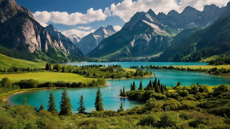 panoramic view of beautiful alpine lake and mountain range in summer