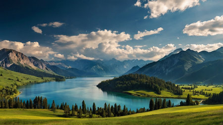 Panoramic view of the lake in the mountains. Summer landscape