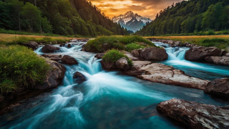 Mountain stream in the Alps at sunset. Long exposure shot.