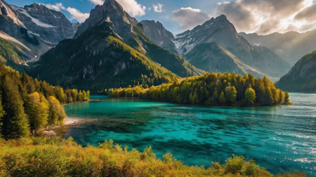 Panoramic view of beautiful alpine lake with clear turquoise water and high mountains in the...