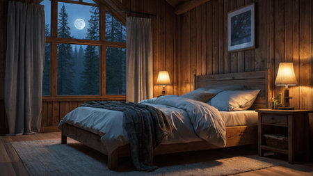 Interior of a rustic wooden bedroom in the mountains at night