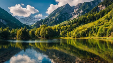Panoramic view of beautiful alpine lake in the mountains.