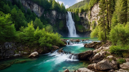 Beautiful waterfall in the mountains on a sunny day. Landscape.