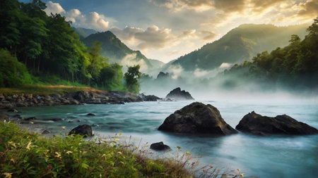 Foggy morning at the river in the mountains. Natural landscape