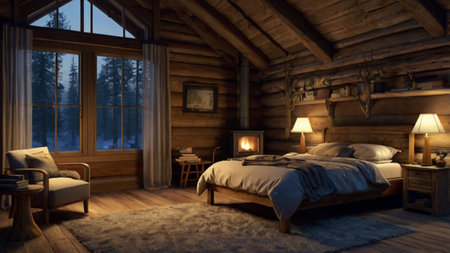 3D rendering of a cozy bedroom in the mountains at night.