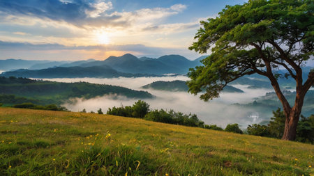 Panoramic view of the morning fog in the Carpathian mountainsの写真素材