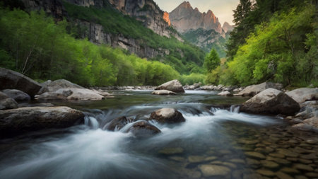 Long exposure of a mountain river flowing through the valley in the summer