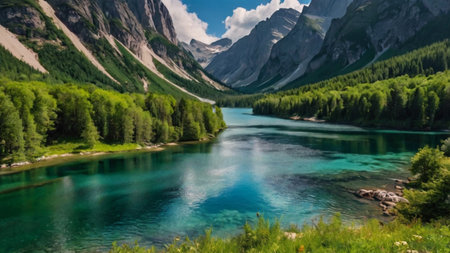 Panoramic view of turquoise lake in Alps, Austria