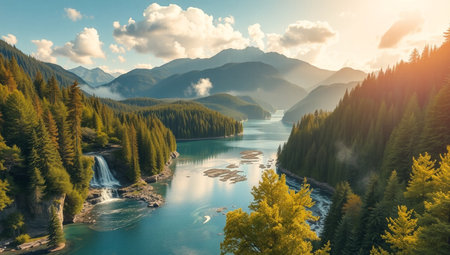 Mountain lake with a waterfall in the mountains. Panoramic view.