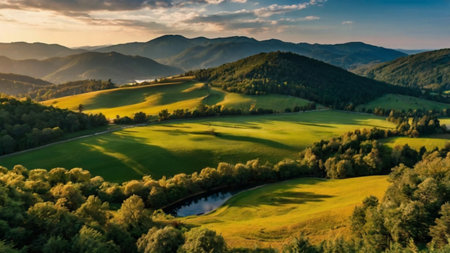 Aerial view of a beautiful green meadow in the mountains at sunset
