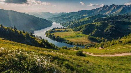 Panoramic view of the lake in the mountains. Beautiful summer landscape.