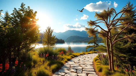 Landscape of lake and mountains in the morning light. Nature background