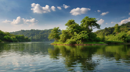 Beautiful landscape with lake and forest on the background of blue sky