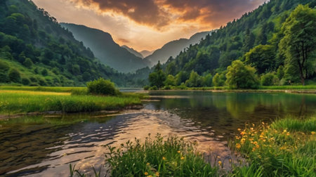 Mountain river in the morning. Landscape with a beautiful lake and mountains
