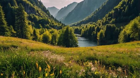 Panoramic view of alpine meadows and river in summer