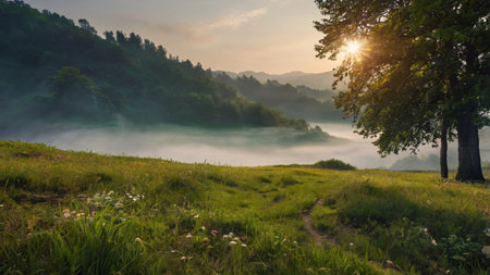 Sunrise over foggy valley with trees and meadows in summer