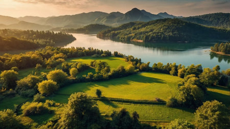 Aerial view of beautiful lake in mountains at sunset. Beautiful summer landscape