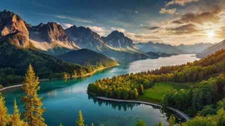 Panoramic view of the mountain lake. Picturesque summer landscape. Beauty world.