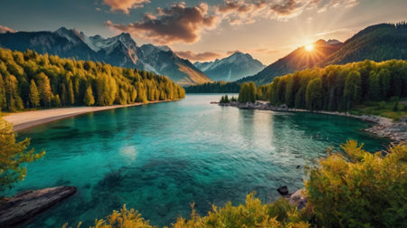 Panoramic view of beautiful alpine lake at sunset, Dolomites, Italy