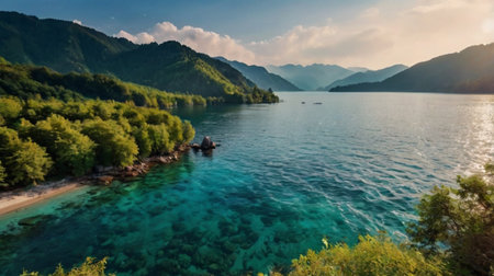 Panoramic view of turquoise lake and mountains in Montenegro