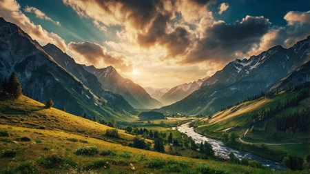 Mountain landscape with a river in the mountains. Dramatic sky.