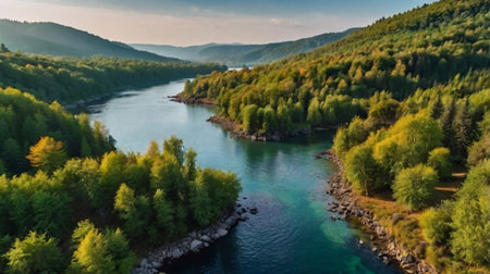 Aerial view of the river Katun in the Altai Republic.