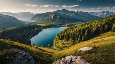 Panoramic view of alpine lake in the mountains