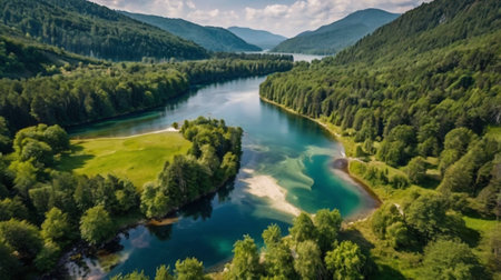 Aerial view of beautiful mountain lake in summer. Drone photo.