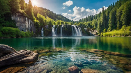Beautiful waterfall in the mountains on a sunny day. Summer landscape.の写真素材