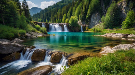 Beautiful waterfalls in the mountains. Beautiful summer landscape. Mountain lake.の写真素材