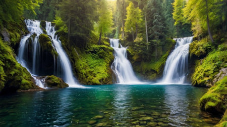 Panorama of the beautiful waterfall in Plitvice Lakes National Park, Croatia