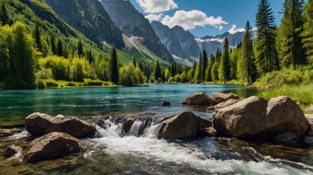 Beautiful mountain lake with clear water and high mountains in the background