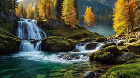 Fantastic autumn landscape with a waterfall in the mountains. Colorful autumn forest and river.の写真素材