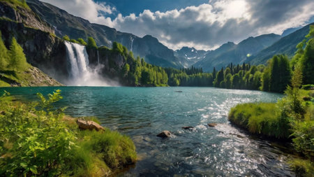 Beautiful mountain lake in the Alps. Waterfall in the mountains.
