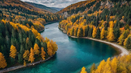 Aerial view of the river Katun in autumn, Russia.