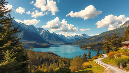 Beautiful panoramic view of a lake surrounded by mountains and forest