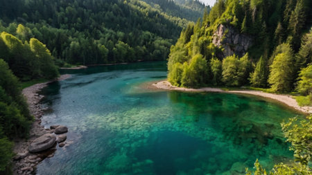 Panoramic view of the emerald waters of the Bled lake, Slovenia