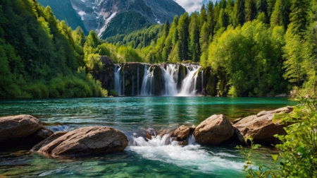 Waterfall in the mountains. Beautiful landscape of green forest and mountain river.