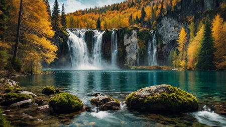 Waterfall in the autumn forest. Panoramic view of the mountain lake.