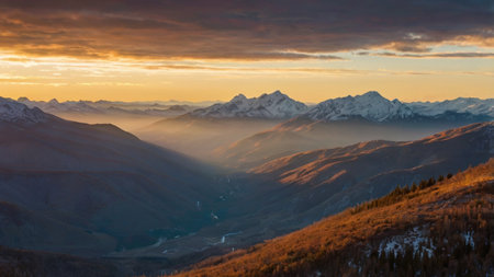 Mountain landscape at sunrise. View from the top of the mountain.