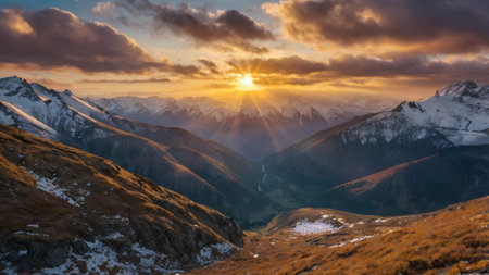 Panoramic view of snowy mountains at sunset, Caucasus, Russia