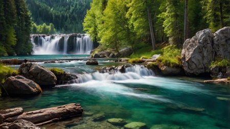 Beautiful waterfall in the mountains. Landscape with a waterfall.