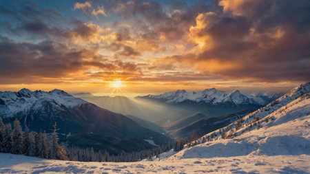 Sunset in the mountains. Beautiful winter landscape. Panorama.