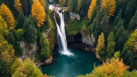 Aerial view of beautiful waterfall in autumn forest. Top view.の写真素材
