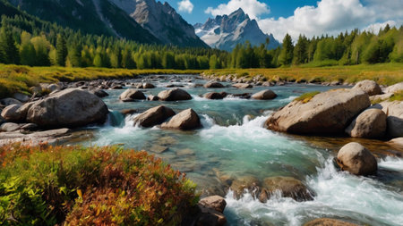 Mountain river in the mountains. Beautiful landscape with a mountain river.