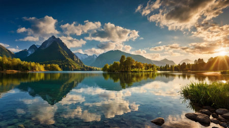 Mountain lake with reflection of mountains and clouds. Beautiful summer landscape.